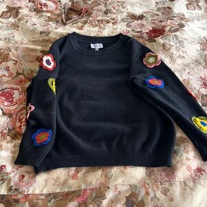 Anthropologie wool black sweater with flowers on sleeve M